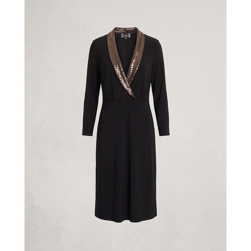 Slinky Brand 2X Black Sequin Shawl Collar V-Neckā Midi Dress 6686-013